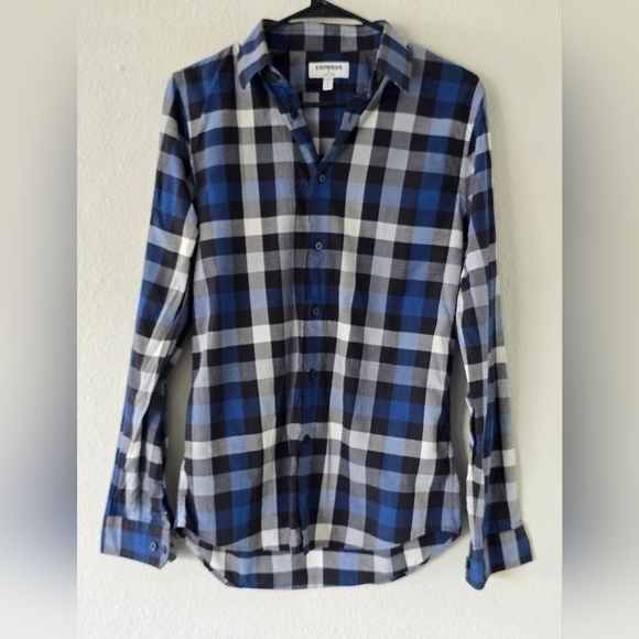 Express Plaid Shirt Mens Sz S Blue Black White Long Sleeve Button Up Academia - Picture 2 of 11
